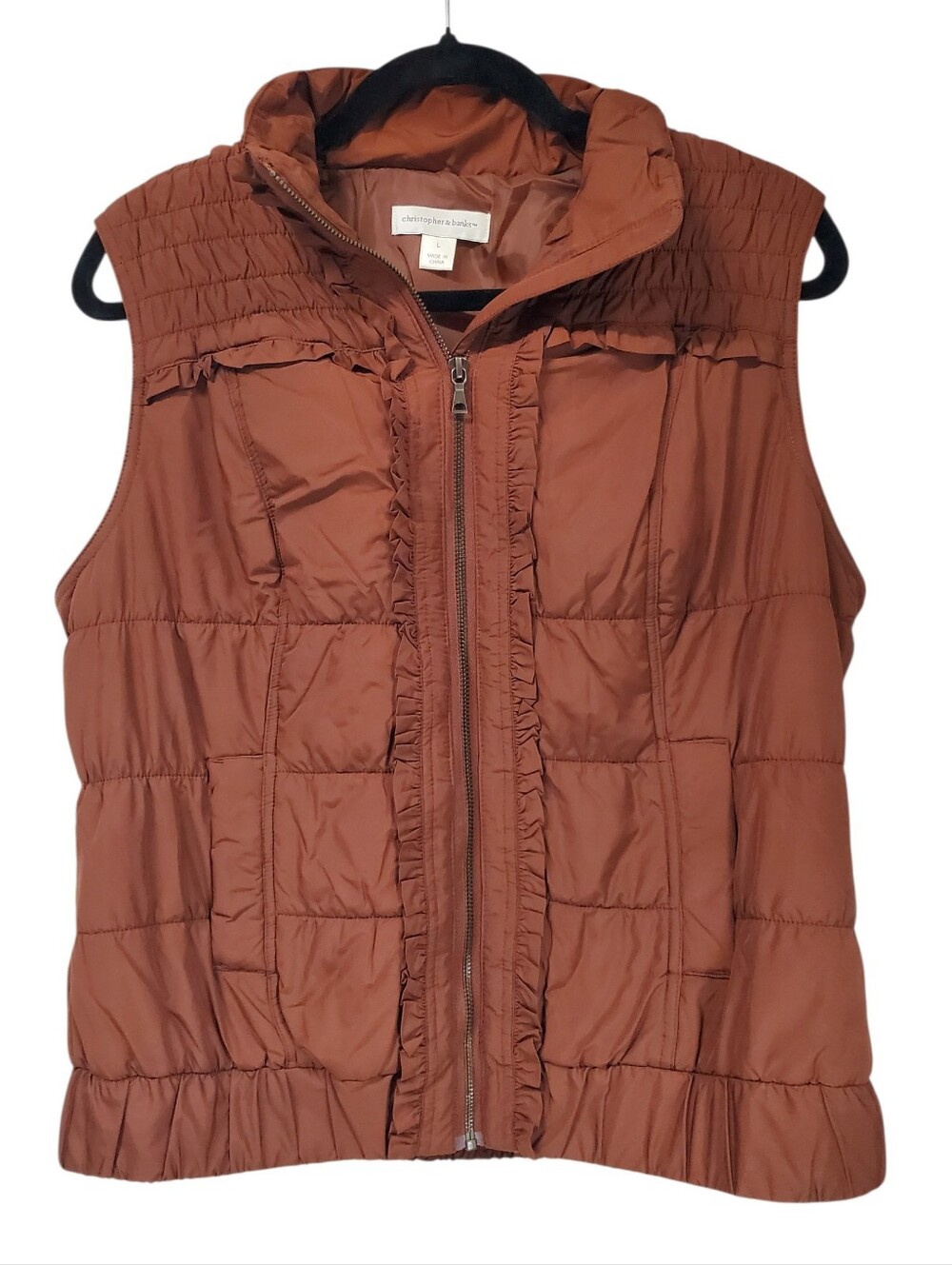 Christopher & Banks Brown Ruffle Puffer Vest Rustic Style Fashion Cottagecore L